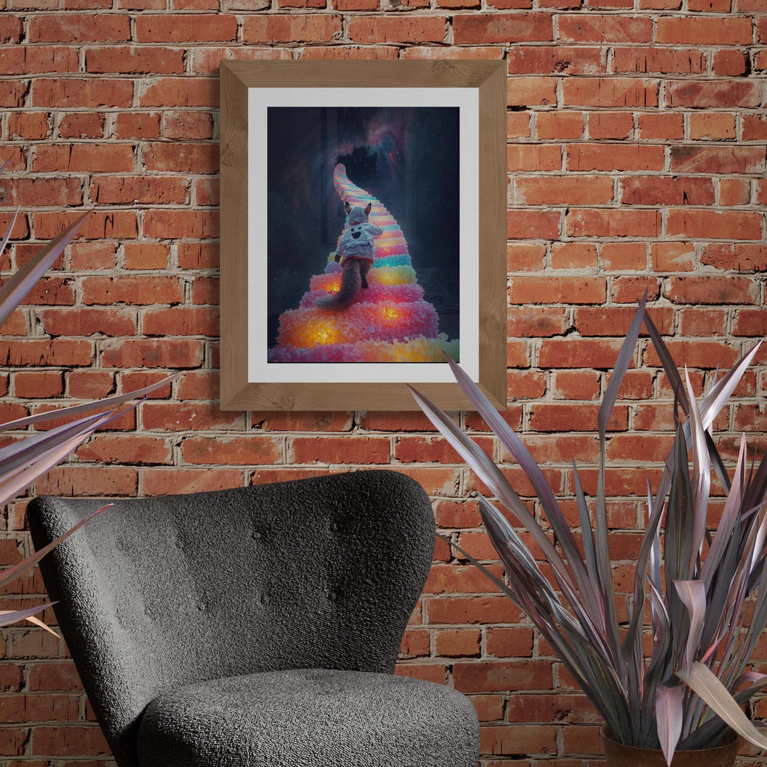 Weirdcore art poster of fox in a white ghost hoodie walking up glowing candy stairs into the starry night sky.