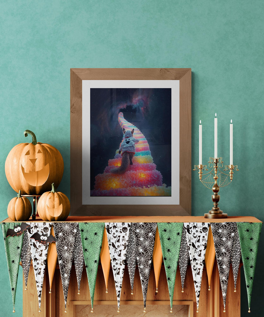 Weirdcore art poster of fox in a white ghost hoodie walking up glowing candy stairs into the starry night sky.