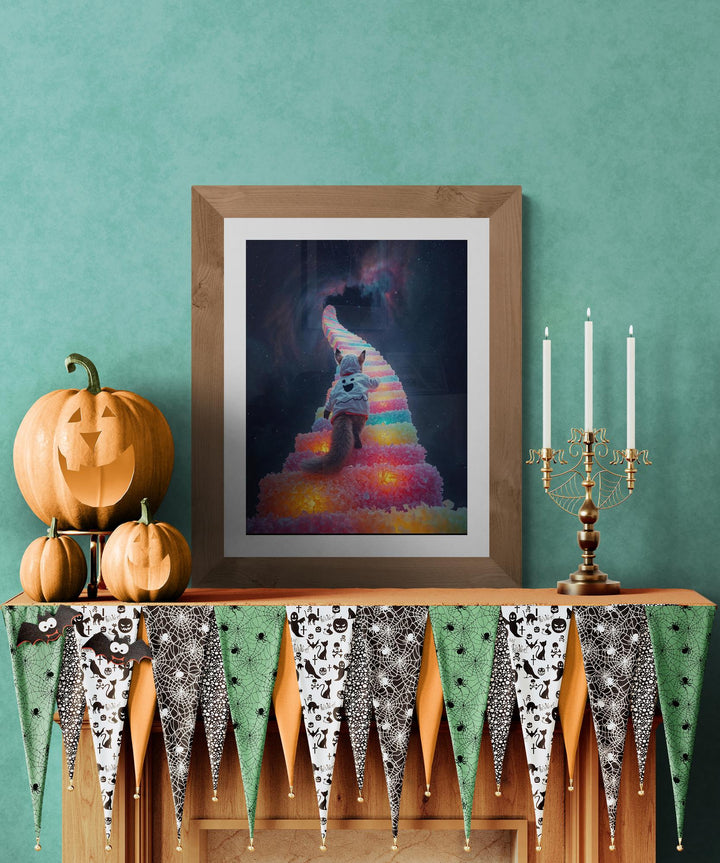 Weirdcore art poster of fox in a white ghost hoodie walking up glowing candy stairs into the starry night sky.