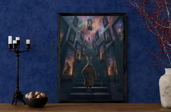 Anthropomorphic rabbit in a trench coat standing on an endless staircase in a surreal void. Floating mirrors hover around, each showing distorted reflections. Weirdcore dreamlike Halloween artwork with eerie atmosphere and liminal space aesthetic.