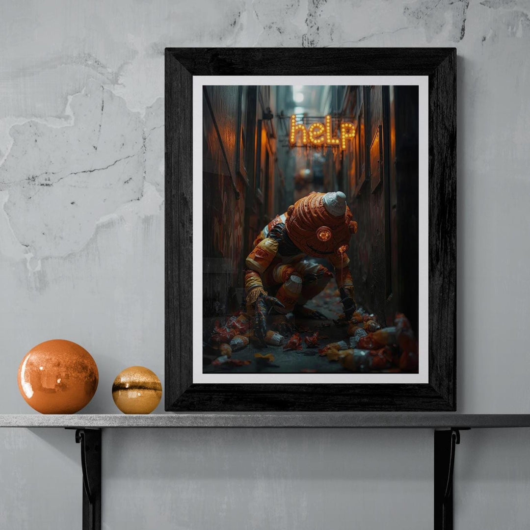 “Weirdcore Halloween poster of a stitched candy corn man kneeling in a neon-lit alley picking up candy wrappers, with a glowing ‘HELP’ sign in the background. Creepy, surreal wall art with bold colors and spooky urban atmosphere.”