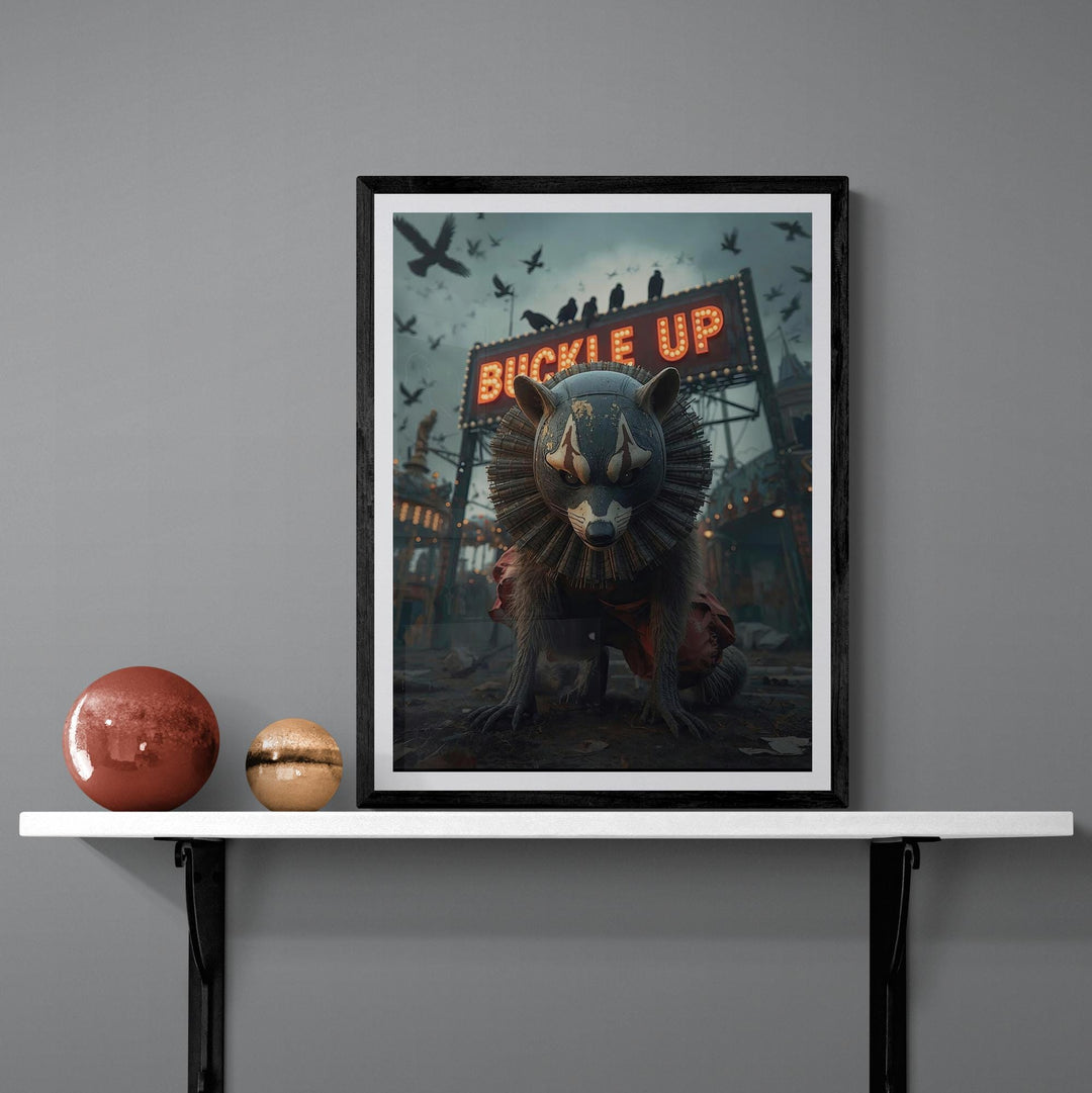 Dark Surreal Horror Artwork featuring creepy raccoon in clown makeup kneeling before abandoned carnival, “Buckle Up” sign glowing.
