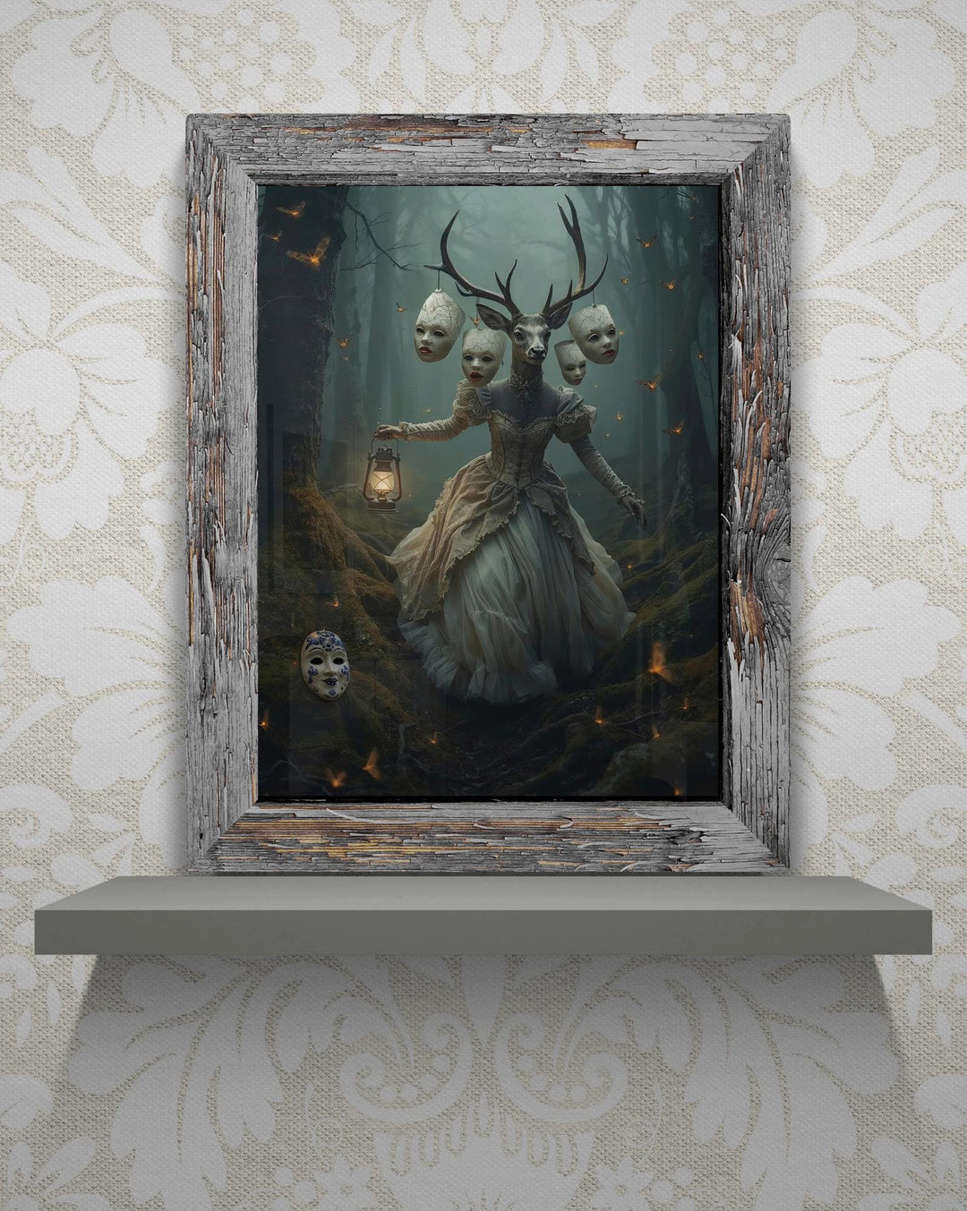 Victorian-style deer walking through a foggy forest, wearing a dark gown and carrying a glowing lantern. Cracked porcelain masks hang from its antlers, each with different eerie expressions. Weirdcore dreamlike Halloween artwork with haunting atmosphere.
