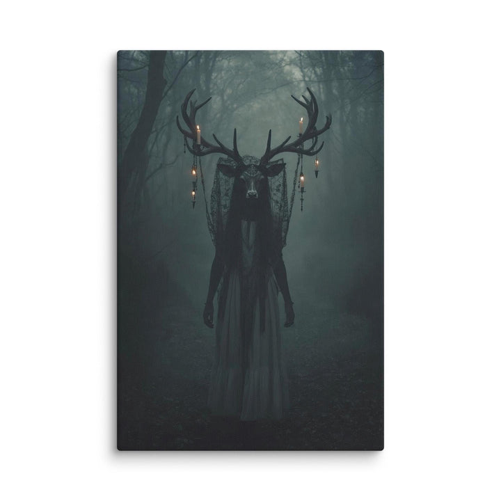 Canvas of ghostly deer woman in foggy woods with glowing antlers draped in lights