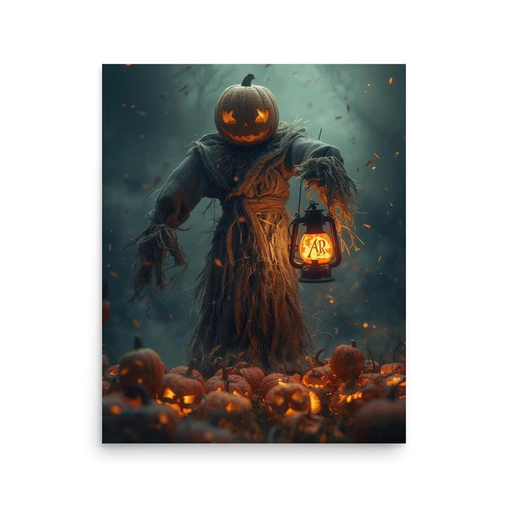 Creepy Halloween night scene with glowing pumpkin head scarecrow and lantern light