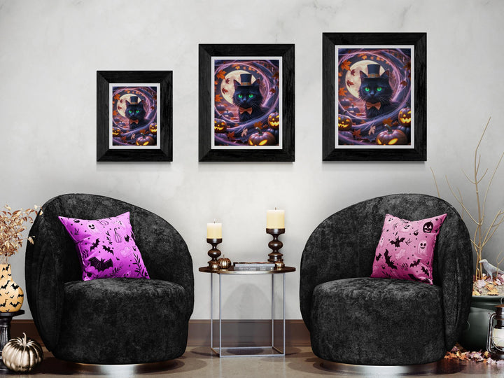 Surreal Halloween scene with black cat, jack-o’-lanterns, and autumn leaves in eerie tunnel