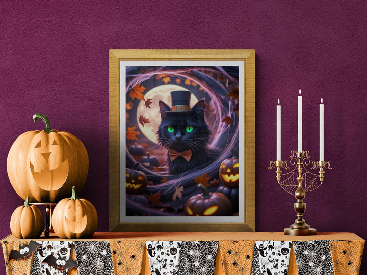 Poster of black cat in hat and bowtie centered in spiderweb tunnel with glowing full moon