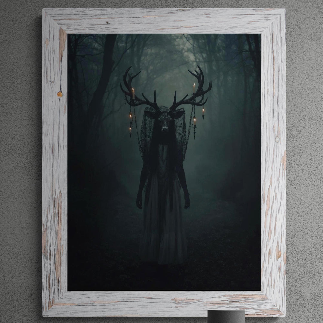 Canvas of ghostly deer woman in foggy woods with glowing antlers draped in lights