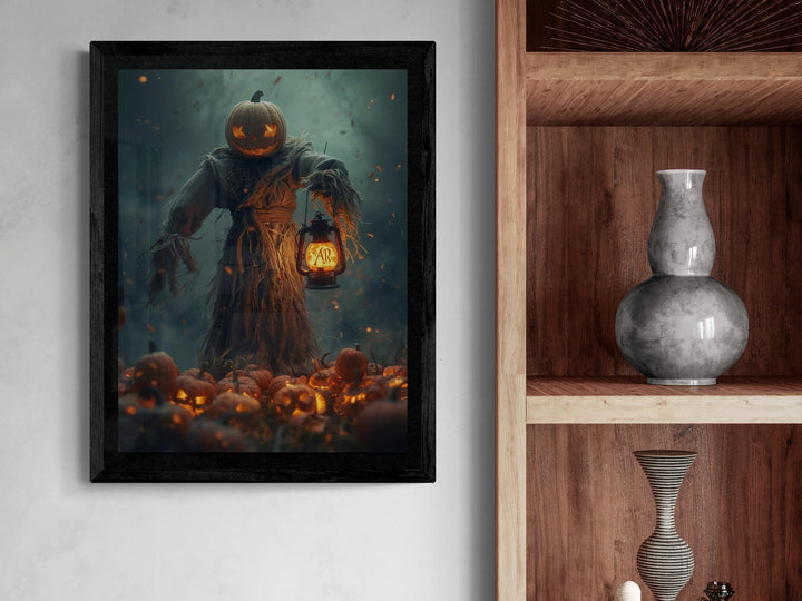 Creepy Halloween night scene with glowing pumpkin head scarecrow and lantern light