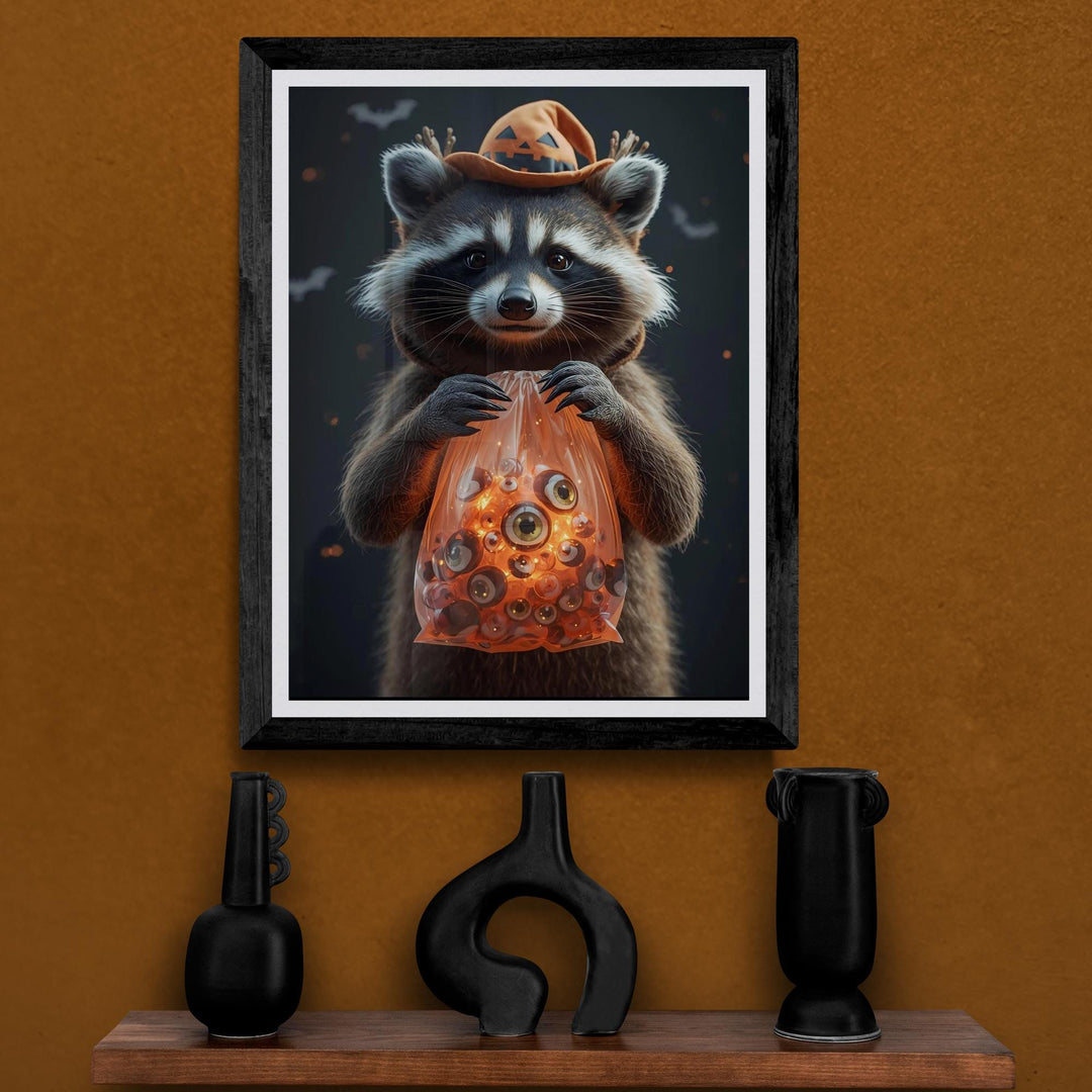 Poster of raccoon wearing witch hat holding translucent orange bag filled with eyeballs, weirdcore Halloween art