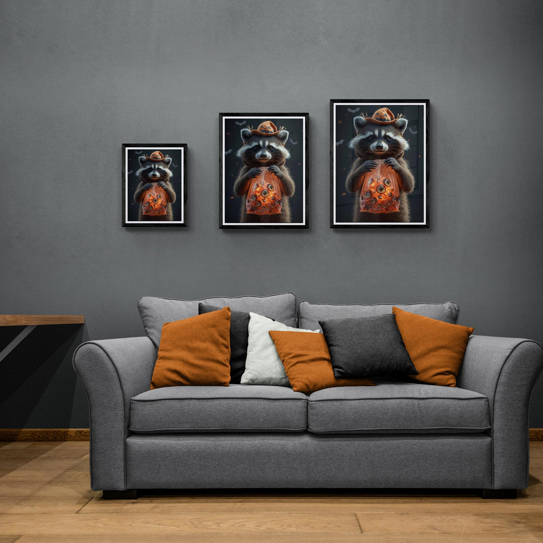 Poster of raccoon wearing witch hat holding translucent orange bag filled with eyeballs, weirdcore Halloween art