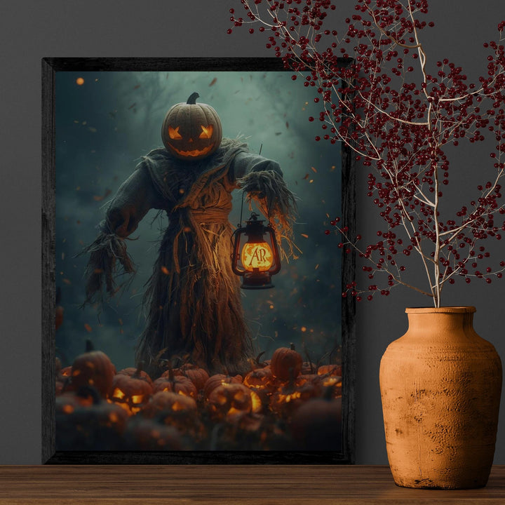 Creepy Halloween night scene with glowing pumpkin head scarecrow and lantern light