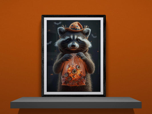 Poster of raccoon wearing witch hat holding translucent orange bag filled with eyeballs, weirdcore Halloween art