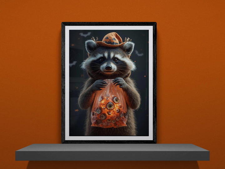 Poster of raccoon wearing witch hat holding translucent orange bag filled with eyeballs, weirdcore Halloween art