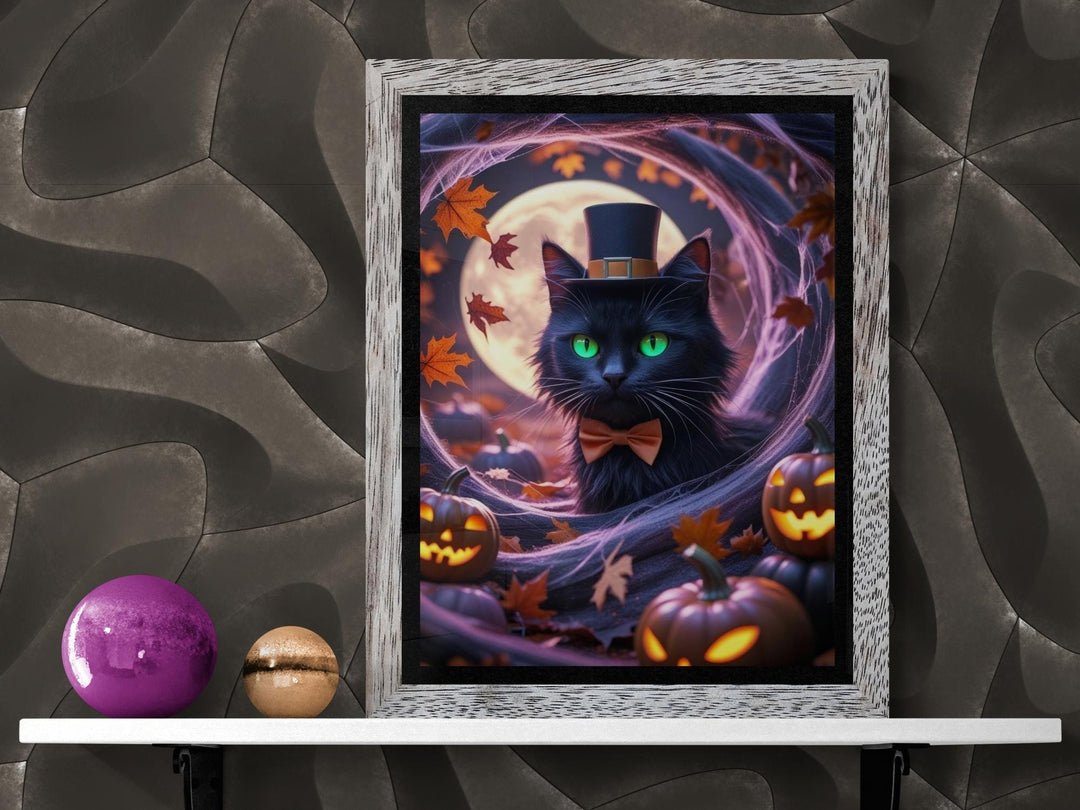 Framed poster mockup of whimsical weirdcore black cat Halloween wall art