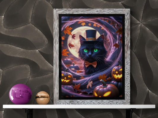 Framed poster mockup of whimsical weirdcore black cat Halloween wall art