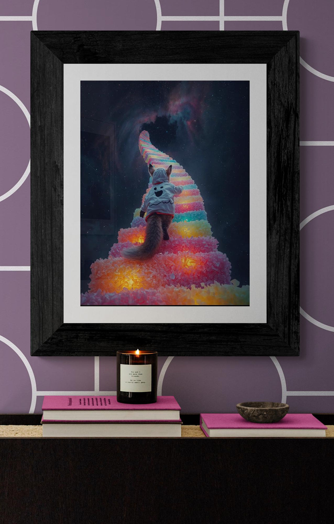 Weirdcore art poster of fox in a white ghost hoodie walking up glowing candy stairs into the starry night sky.