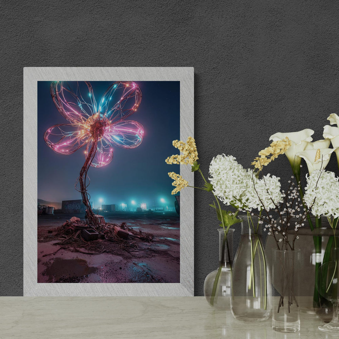A surreal neon flower sculpture made of looping wires glows with colorful lights against a dark, starry night sky in an industrial lot, with reflections on wet pavement and atmospheric blue and pink lighting.