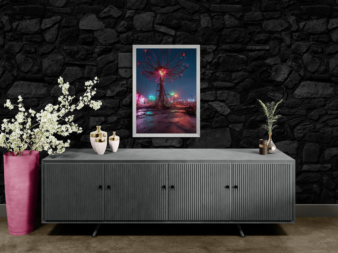 Rose pink cyber bloom glowing flower with neon circuit details, surreal canvas