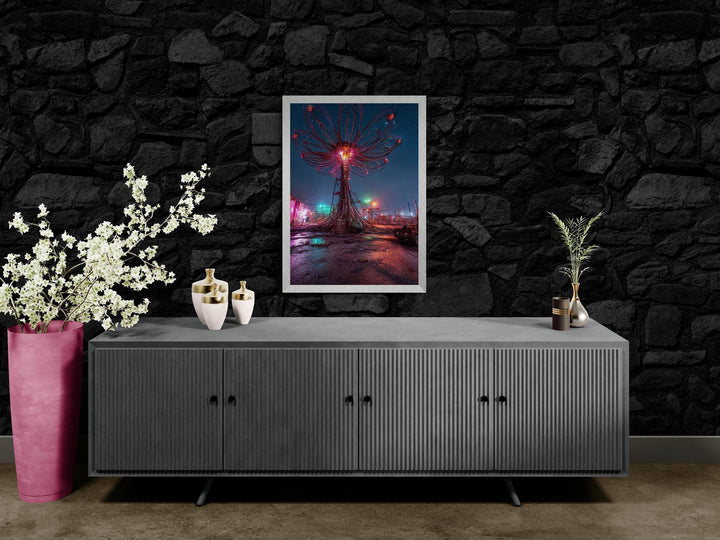 Rose pink cyber bloom glowing flower with neon circuit details, surreal canvas