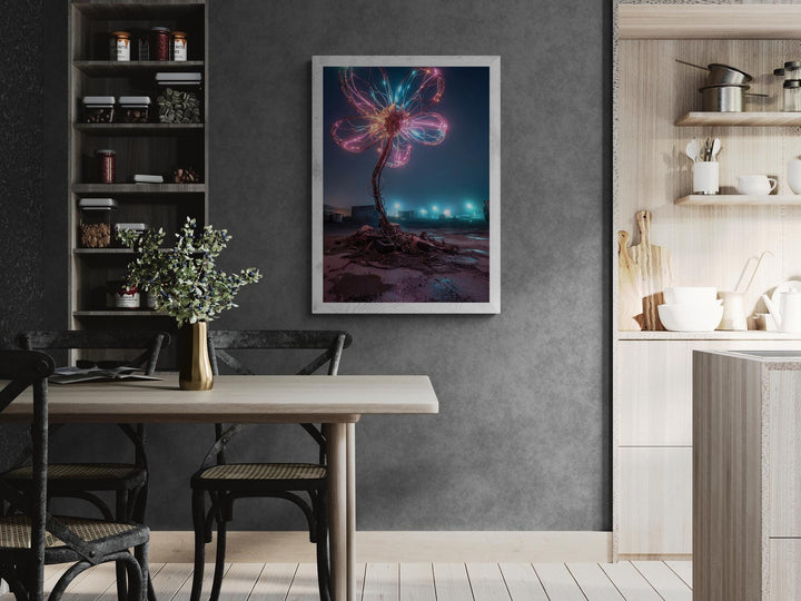 Pink and blue cyber bloom glowing flower with city background, surreal cyberpunk canvas