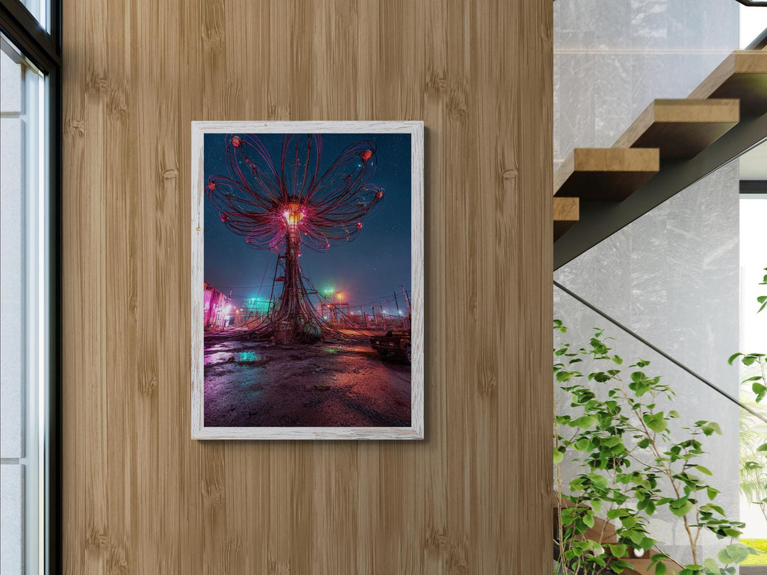 Rose pink cyber bloom glowing flower with neon circuit details, surreal canvas