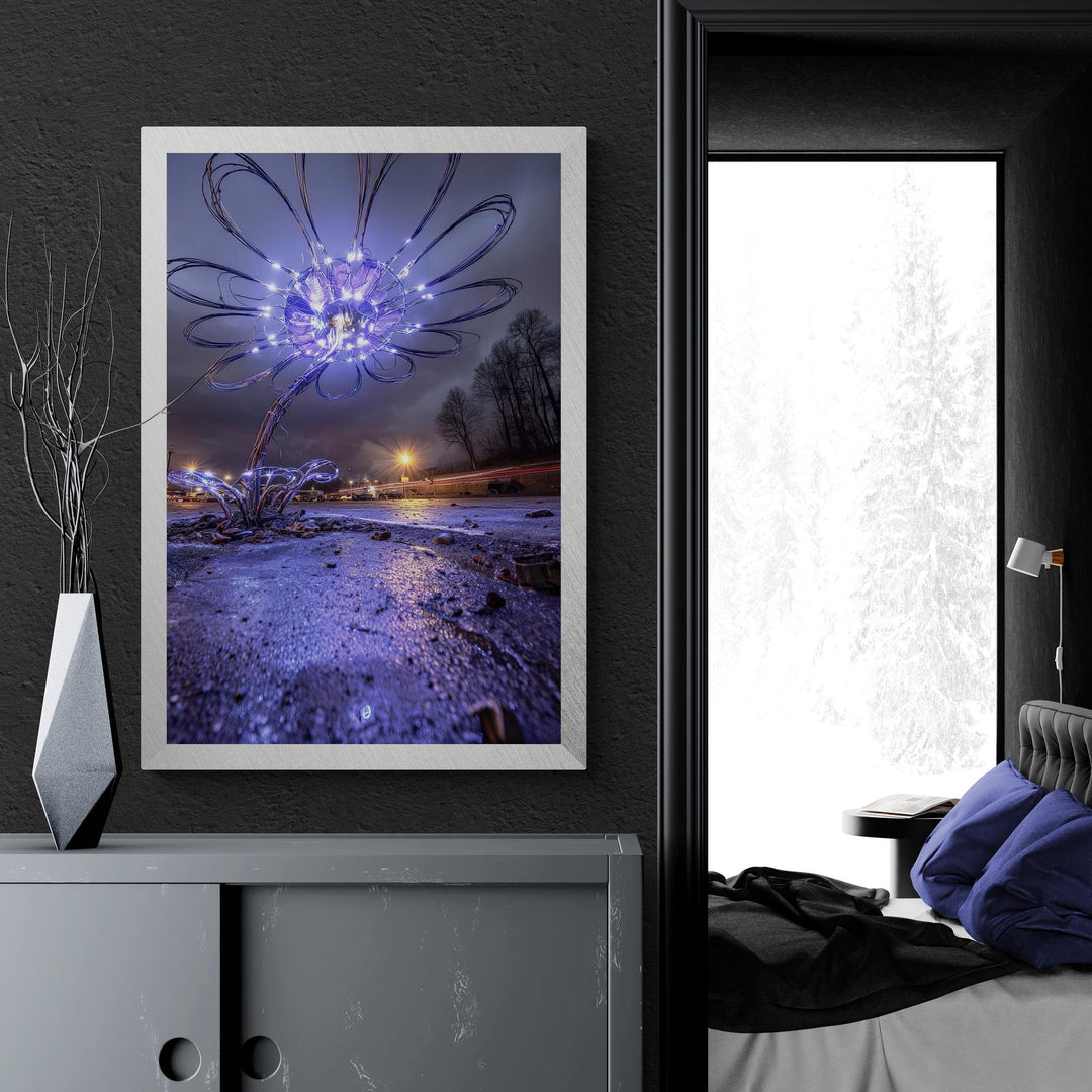White and purple cyber bloom glowing flower , surreal futuristic art canvas