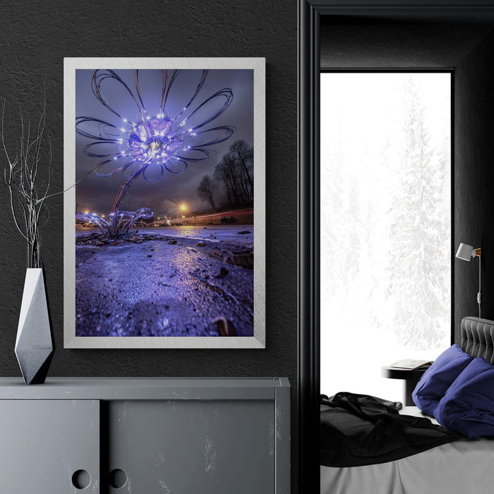 White and purple cyber bloom glowing flower , surreal futuristic art canvas