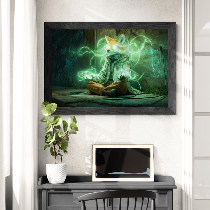 Surreal cyberpunk fox alley scene canvas print in modern interior
