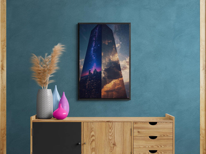 A surreal mirrored skyscraper stands against a star-filled night sky, reflecting the Milky Way, a glowing city skyline, and dramatic golden clouds on its glass surface, blending cosmic and architectural elements.