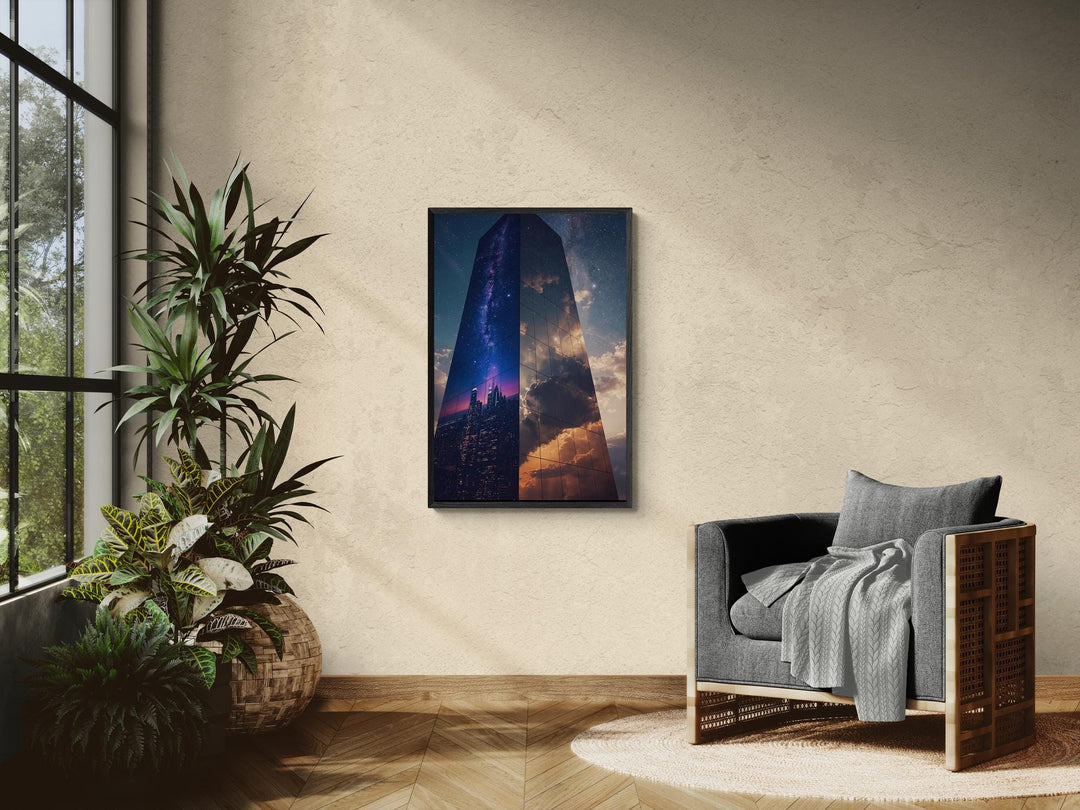 A surreal mirrored skyscraper stands against a star-filled night sky, reflecting the Milky Way, a glowing city skyline, and dramatic golden clouds on its glass surface, blending cosmic and architectural elements.