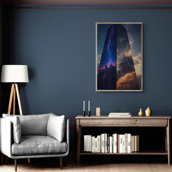 A surreal mirrored skyscraper stands against a star-filled night sky, reflecting the Milky Way, a glowing city skyline, and dramatic golden clouds on its glass surface, blending cosmic and architectural elements.