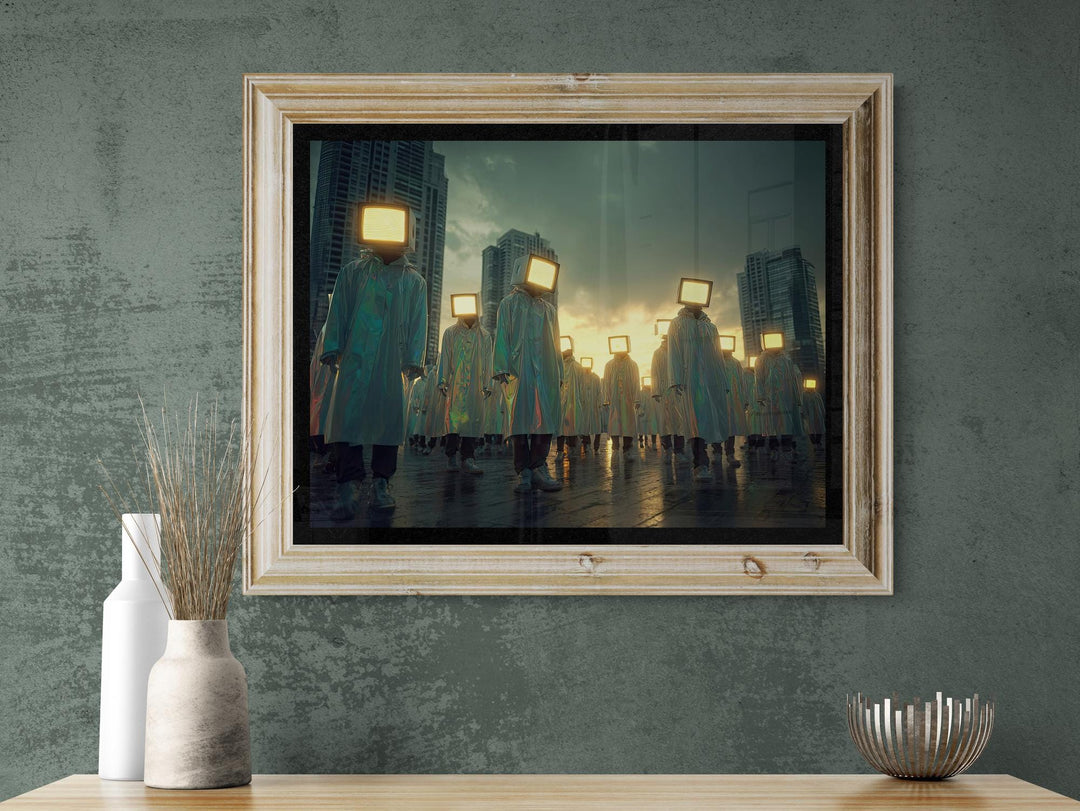 Faceless figures wearing shimmering raincoats and glowing analog television heads walk across a reflective street in a futuristic city at sunset, creating a surreal retro-futuristic atmosphere.