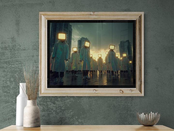 Faceless figures wearing shimmering raincoats and glowing analog television heads walk across a reflective street in a futuristic city at sunset, creating a surreal retro-futuristic atmosphere.