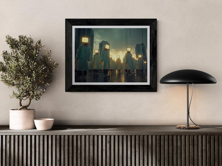 Faceless figures wearing shimmering raincoats and glowing analog television heads walk across a reflective street in a futuristic city at sunset, creating a surreal retro-futuristic atmosphere.