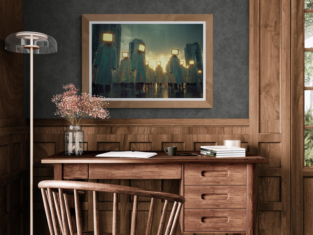 Faceless figures wearing shimmering raincoats and glowing analog television heads walk across a reflective street in a futuristic city at sunset, creating a surreal retro-futuristic atmosphere.