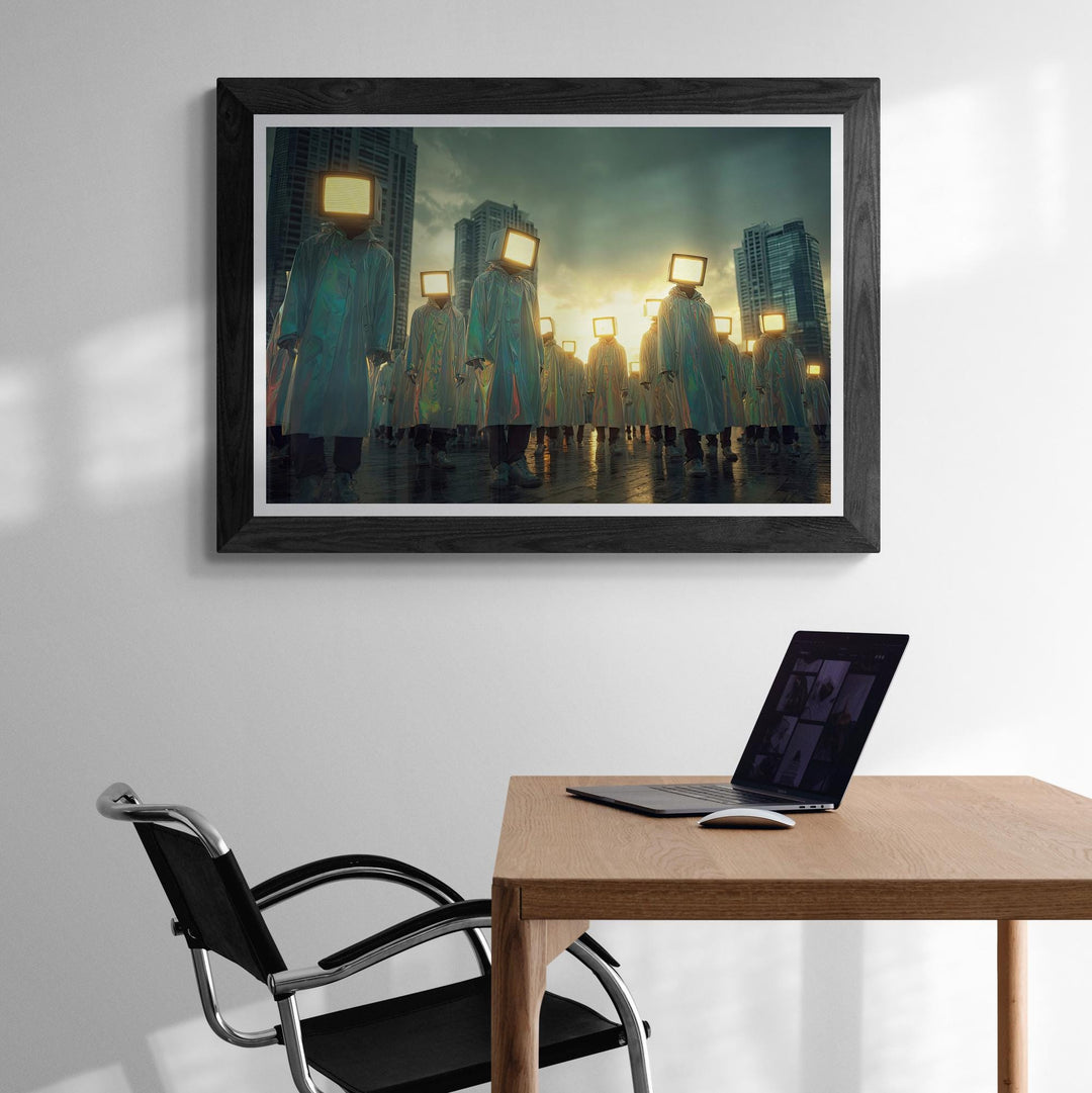 A framed art print featuring a surreal scene of figures with television screen heads walking in a line. The figures wear white coats, and the background shows a cityscape with a sunset.