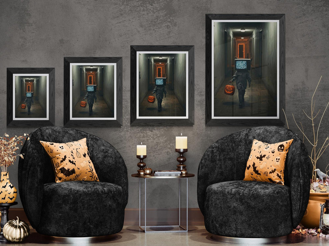 TV Head Cat Halloween | Poster Print | Surreal Dreamcore Hallway