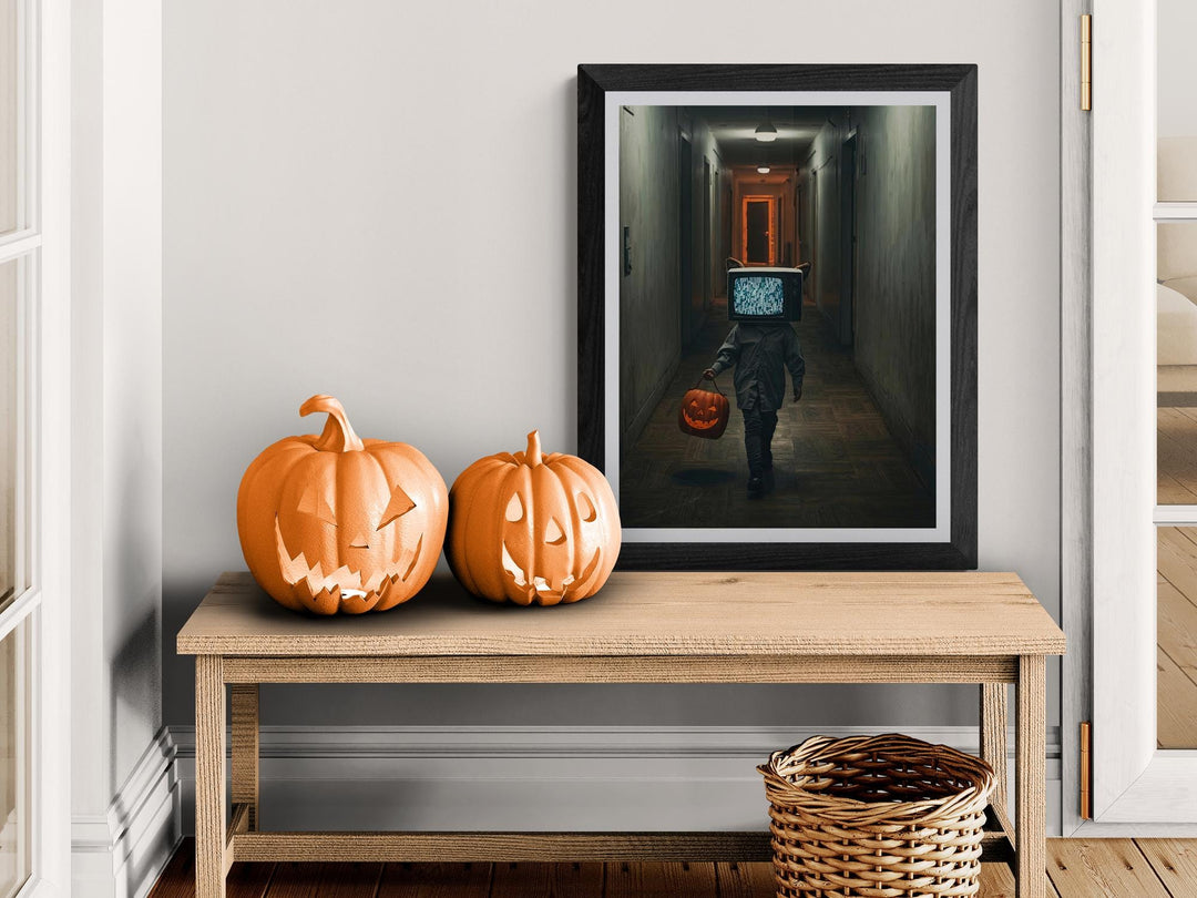 TV Head Cat Halloween | Poster Print | Surreal Dreamcore Hallway