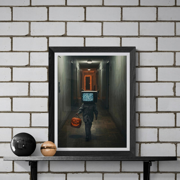 TV Head Cat Halloween | Poster Print | Surreal Dreamcore Hallway