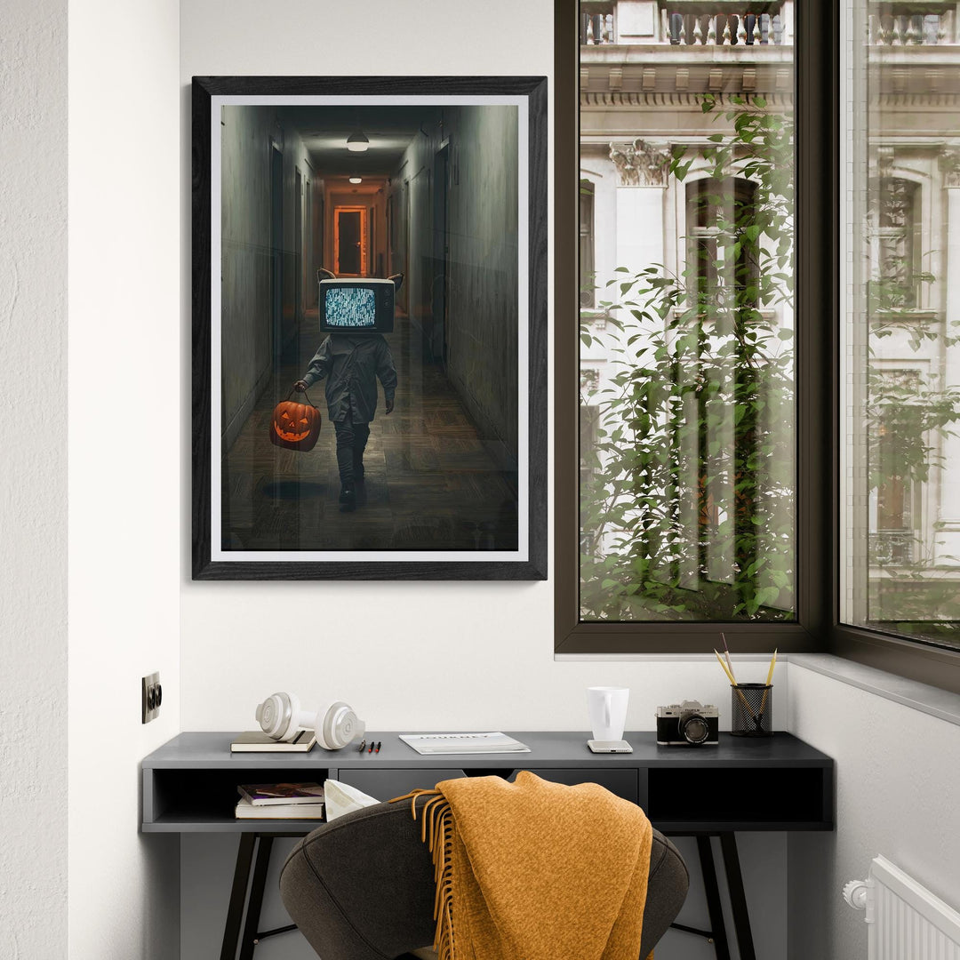 TV Head Cat Halloween | Poster Print | Surreal Dreamcore Hallway