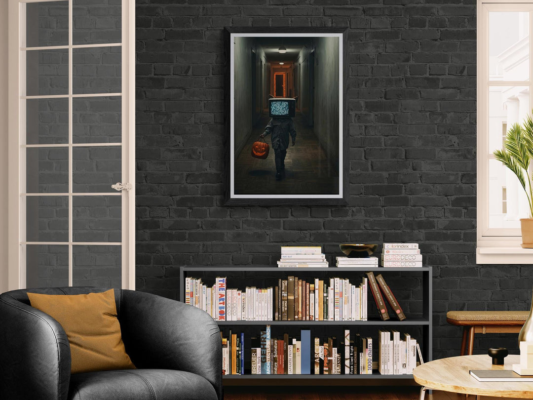 TV Head Cat Halloween | Poster Print | Surreal Dreamcore Hallway
