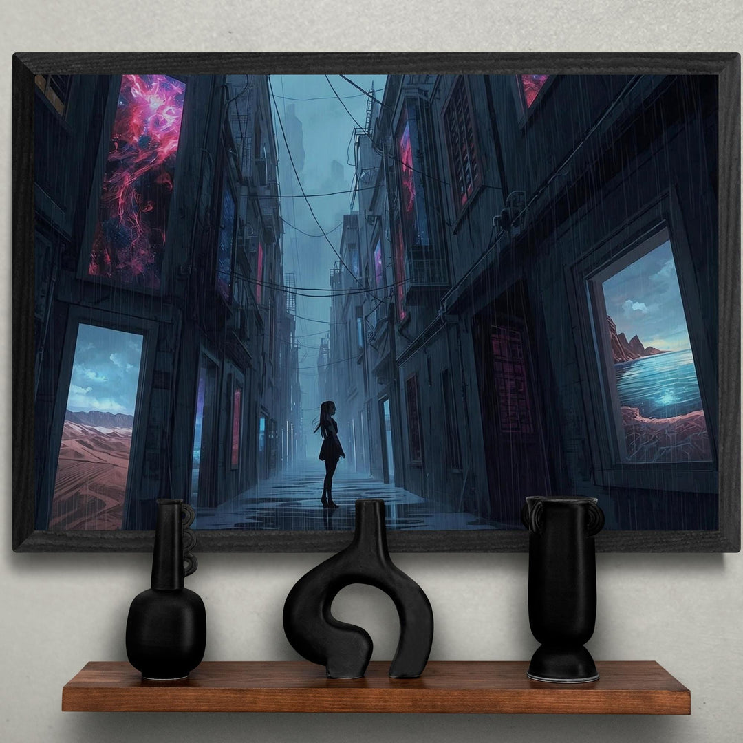 A dark, moody alley glistens with rain as a lone silhouette stands centered between tall buildings displaying glowing surreal landscapes in their windows, creating a cinematic and dreamlike atmosphere.