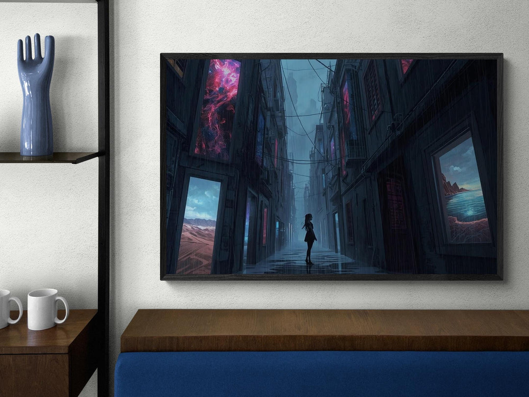 A dark, moody alley glistens with rain as a lone silhouette stands centered between tall buildings displaying glowing surreal landscapes in their windows, creating a cinematic and dreamlike atmosphere.