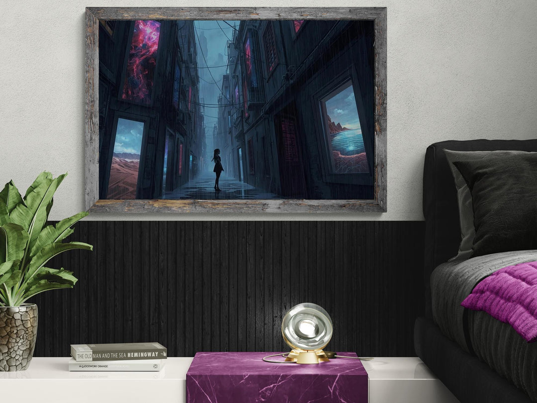 A dark, moody alley glistens with rain as a lone silhouette stands centered between tall buildings displaying glowing surreal landscapes in their windows, creating a cinematic and dreamlike atmosphere.