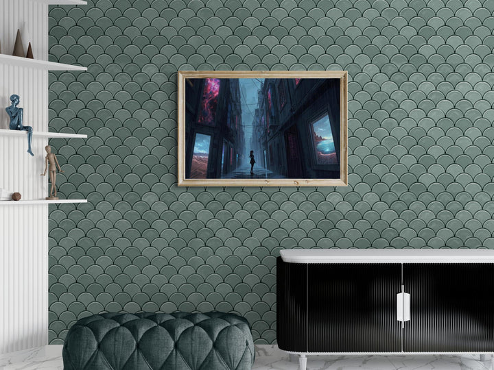 A dark, moody alley glistens with rain as a lone silhouette stands centered between tall buildings displaying glowing surreal landscapes in their windows, creating a cinematic and dreamlike atmosphere.