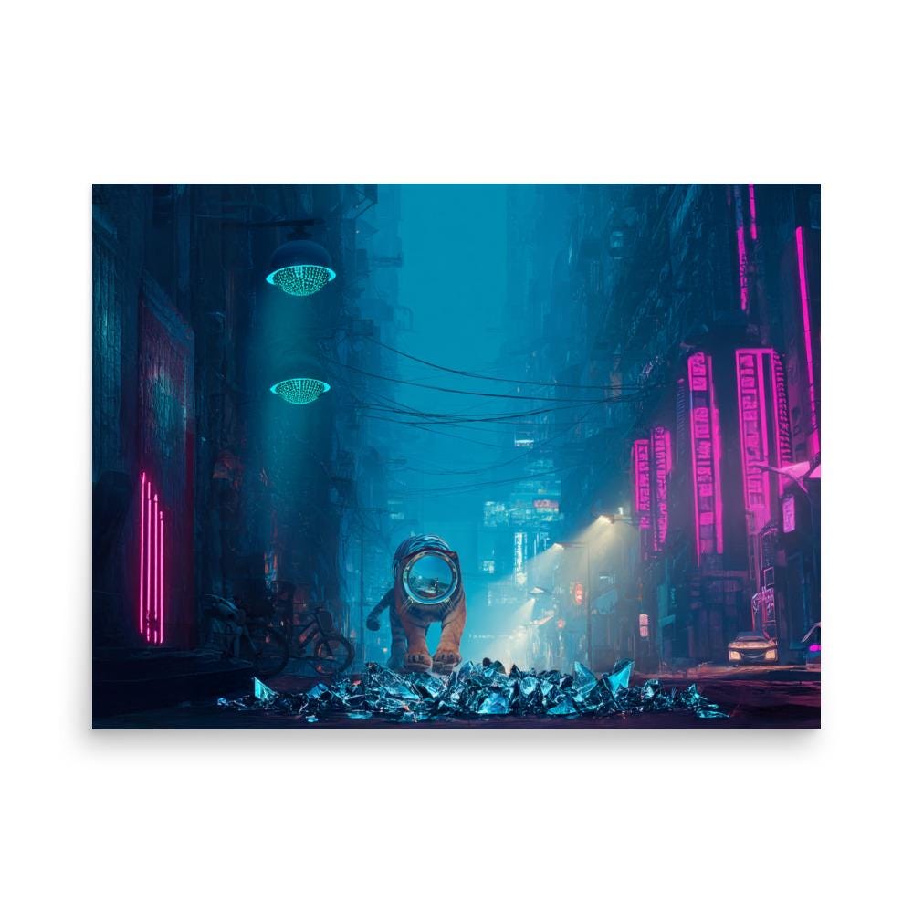 Cyberpunk tiger poster in neon alleyway – bold futuristic sci-fi wall art. Perfect for dreamcore, weirdcore, or neon city lovers.