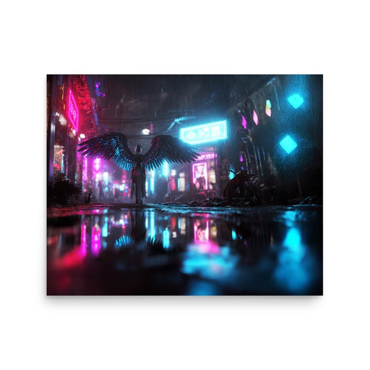 Cyberpunk angel poster in neon city rain—dark futuristic winged figure wall art for sci-fi, dreamcore, and weirdcore decor lovers.