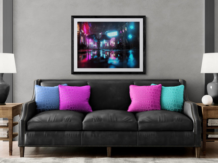 Cyberpunk angel poster in neon city rain—dark futuristic winged figure wall art for sci-fi, dreamcore, and weirdcore decor lovers.