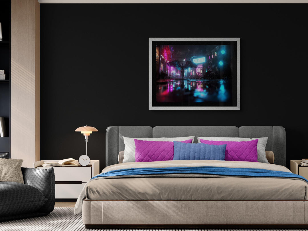 Cyberpunk angel poster in neon city rain—dark futuristic winged figure wall art for sci-fi, dreamcore, and weirdcore decor lovers.